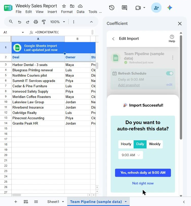 Coefficient's Import Successful message asking Do you want to auto-refresh this data, with Hourly, Daily and Weekly, 9:00 AM and a Yes, refresh daily at 9:00 AM button, above 12 imported deals