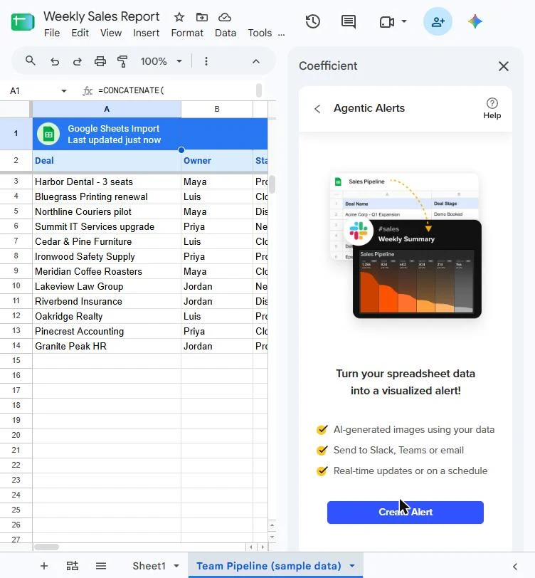 Coefficient's Agentic Alerts screen, Turn your spreadsheet data into a visualized alert, with three ticked points and a Create Alert button