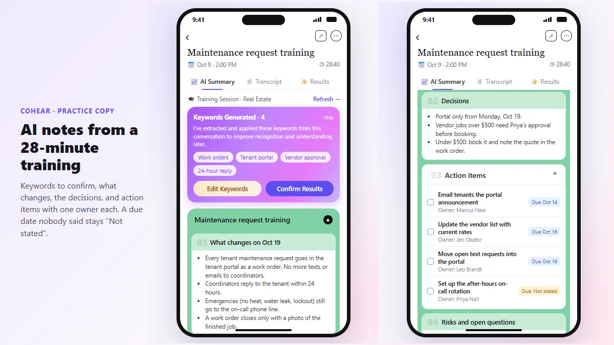 Practice copy of the CoHear iPhone app: the AI Summary of a team training session with the Keywords Generated card, what changes, the decisions, and action items with one owner each and one due date marked Not stated