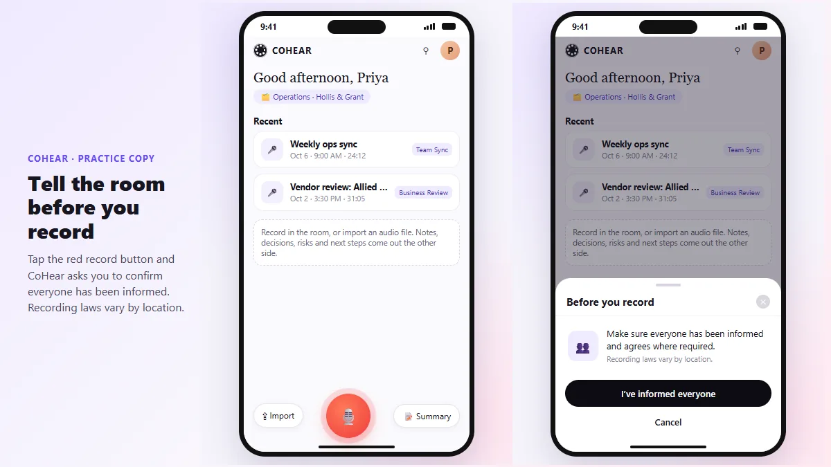 The CoHear home screen with the red record button, and the Before you record sheet asking you to confirm that everyone has been informed, with the button I've informed everyone