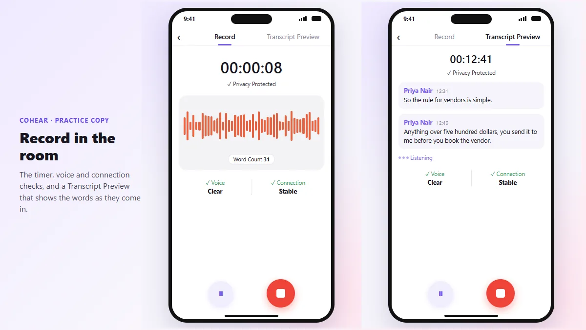 CoHear recording a training session: the timer, Privacy Protected, the waveform, Voice Clear and Connection Stable, then the Transcript Preview tab showing the words as they come in