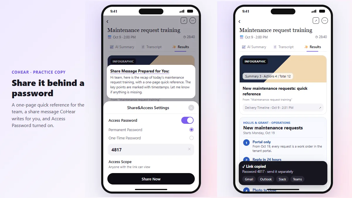 CoHear Share&Access Settings with the prepared share message and Access Password turned on, next to the one-page quick reference infographic and a Link copied message
