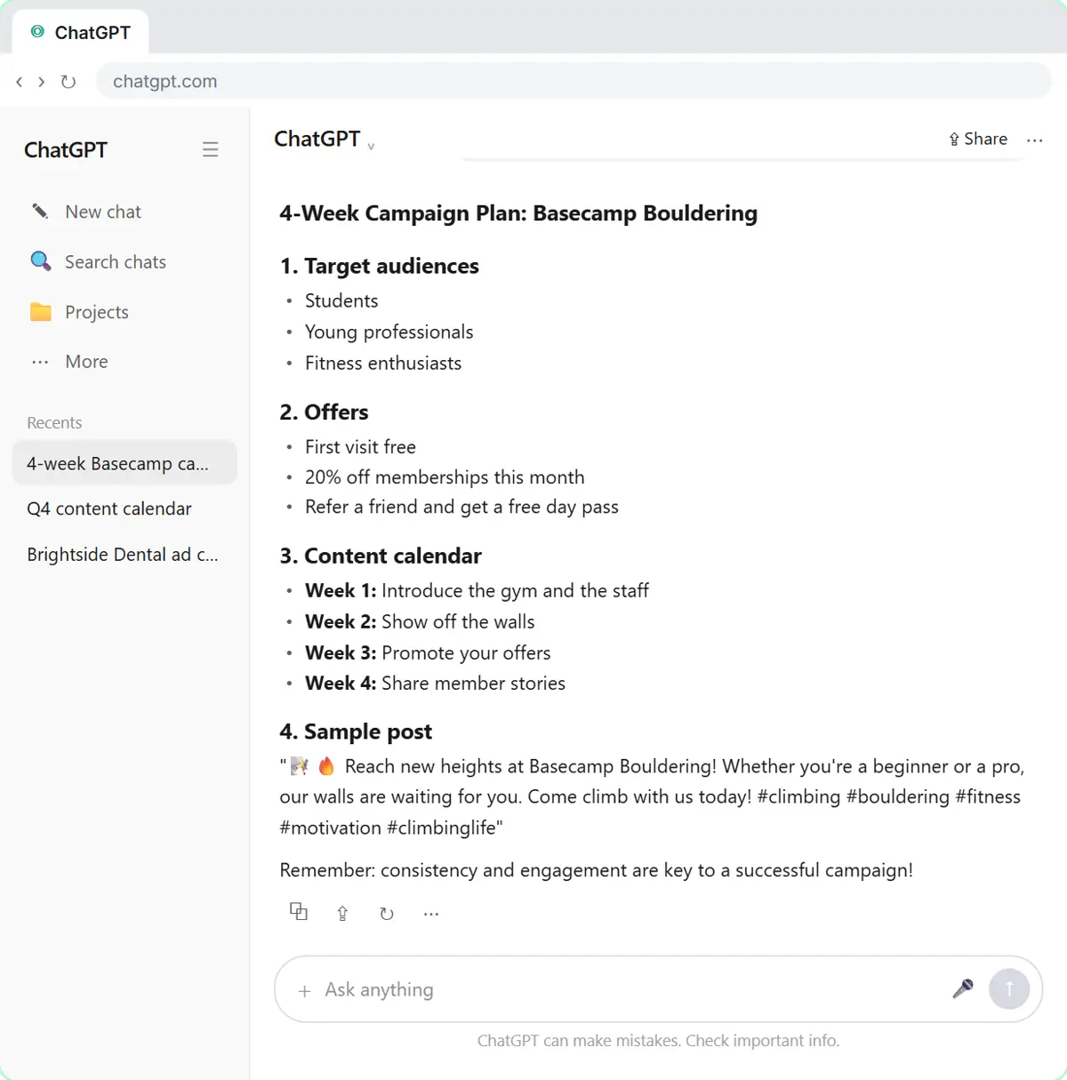 The thin campaign plan ChatGPT wrote from one giant prompt: vague audiences, generic offers including an unapproved free first visit, one line per week and an emoji-heavy sample post.