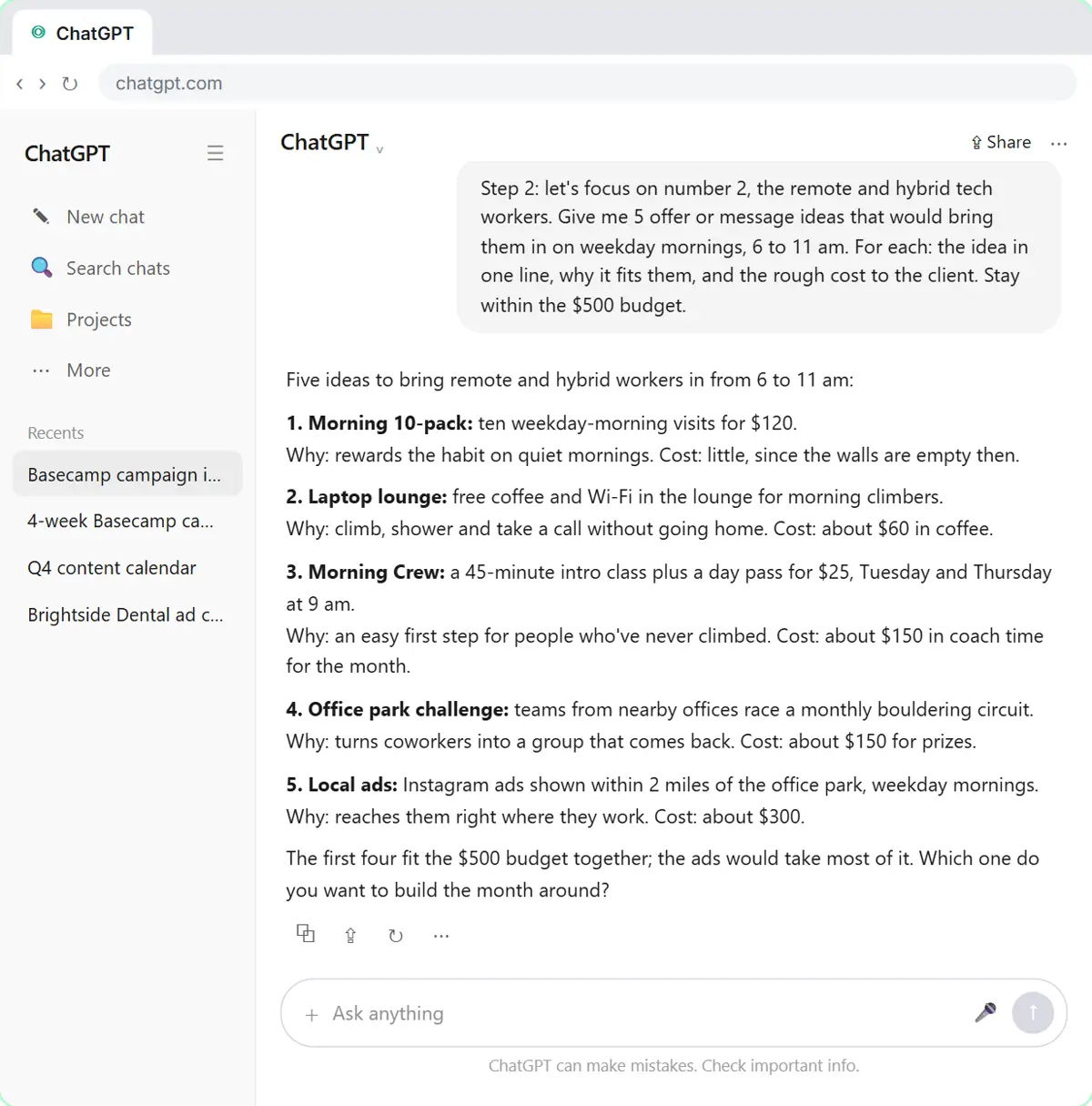 ChatGPT's five offer ideas for remote and hybrid tech workers on quiet weekday mornings, each with why it fits and the rough cost to the client.