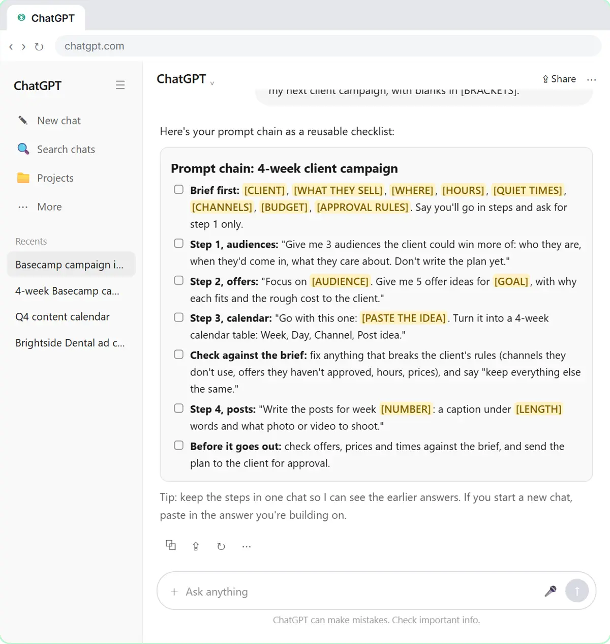 A reusable prompt-chain checklist for a 4-week client campaign, with blanks in brackets for the client, channels, budget and approval rules.