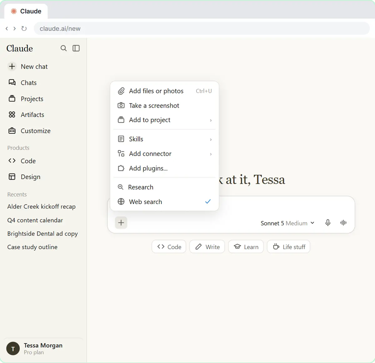 The + menu under Claude's message box with Research highlighted, used to start a cited research run.