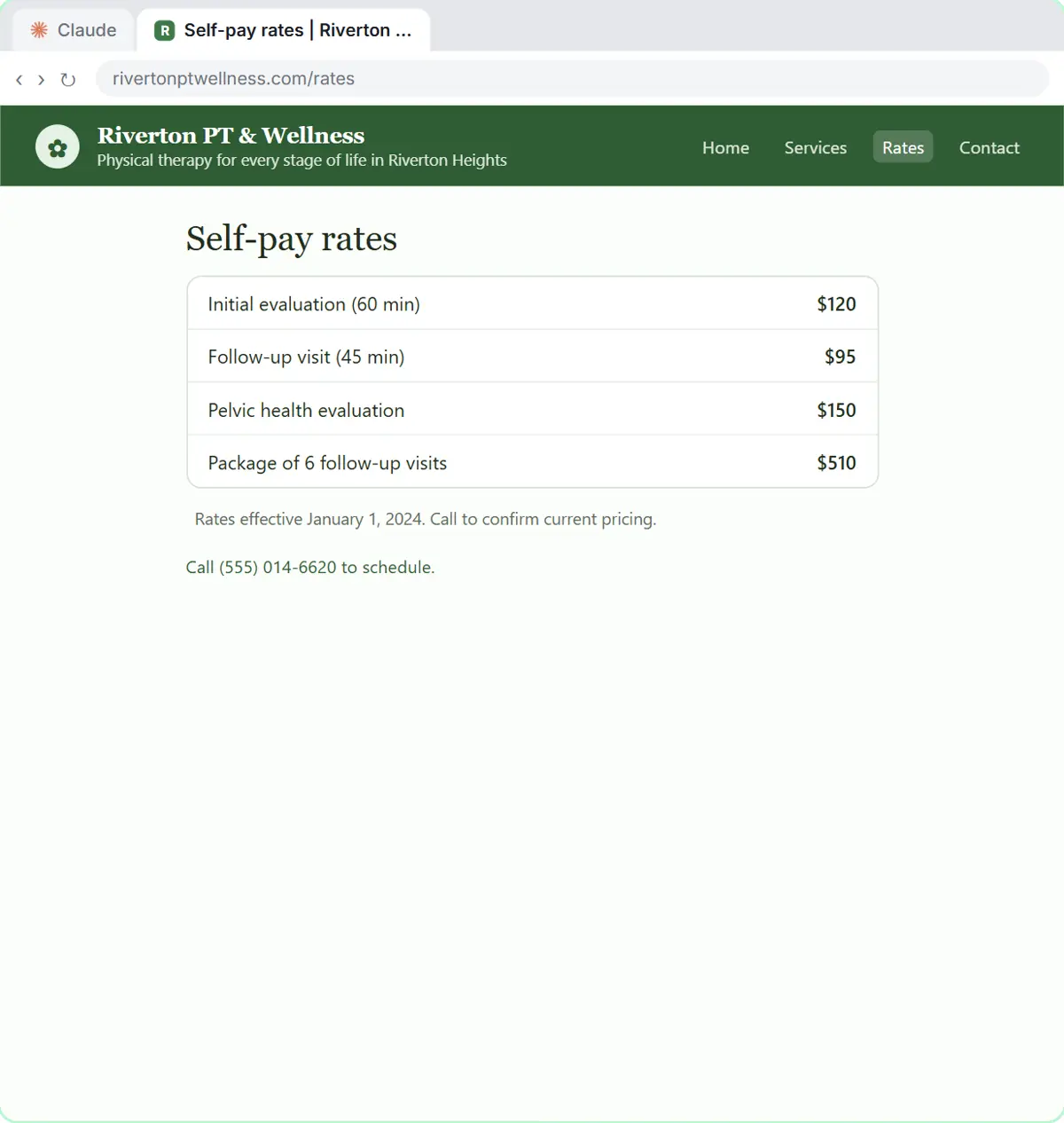 A made-up clinic's self-pay rates page opened from a citation, with the small print showing the rates took effect January 1, 2024.