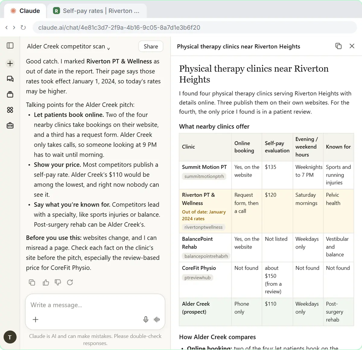 Claude's follow-up reply with three pitch talking points about online booking, showing the price and naming a specialty, and the report row marked out of date.