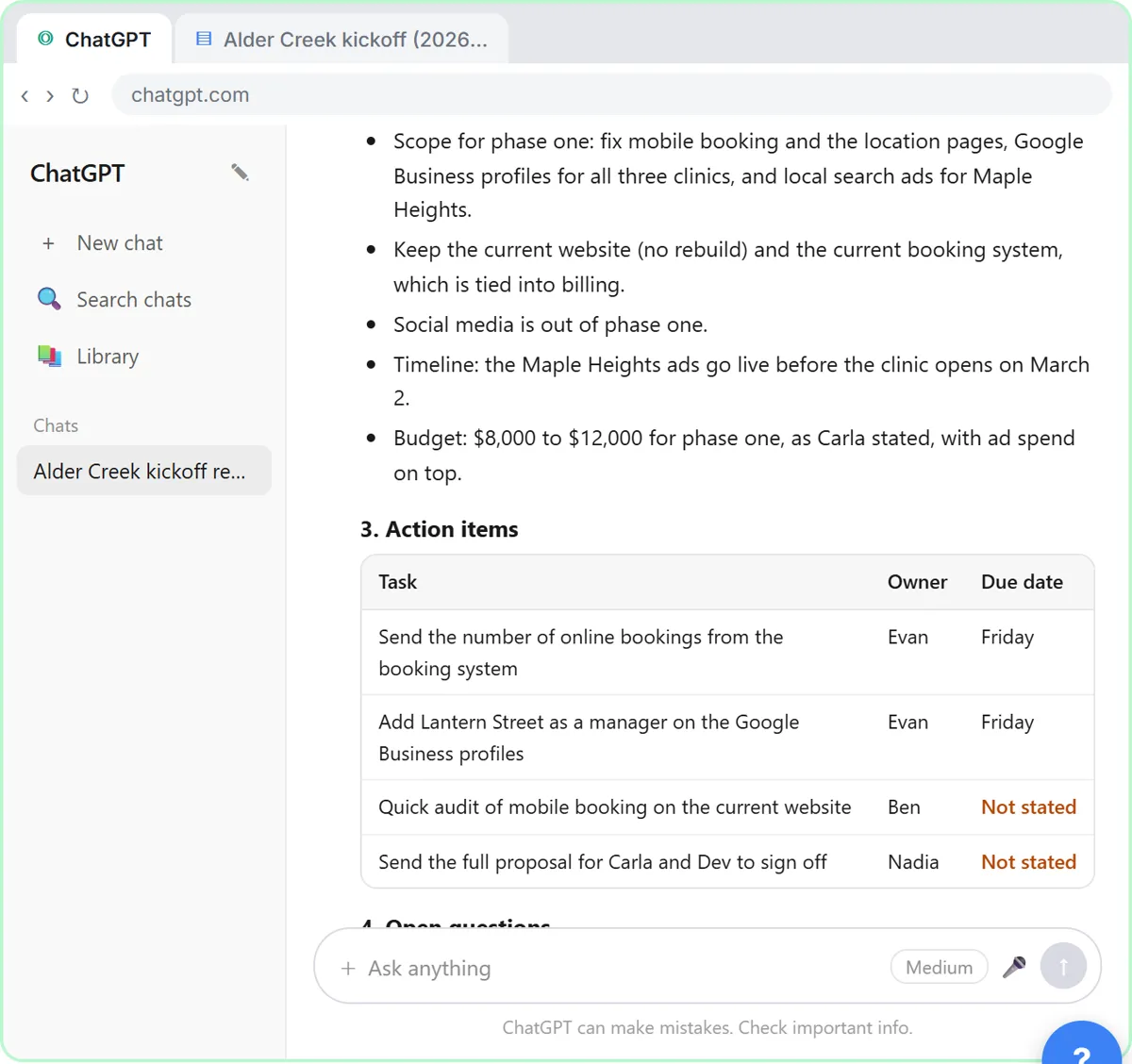 ChatGPT answer listing the phase-one scope, deadline and budget range, and an action items table where two due dates say Not stated