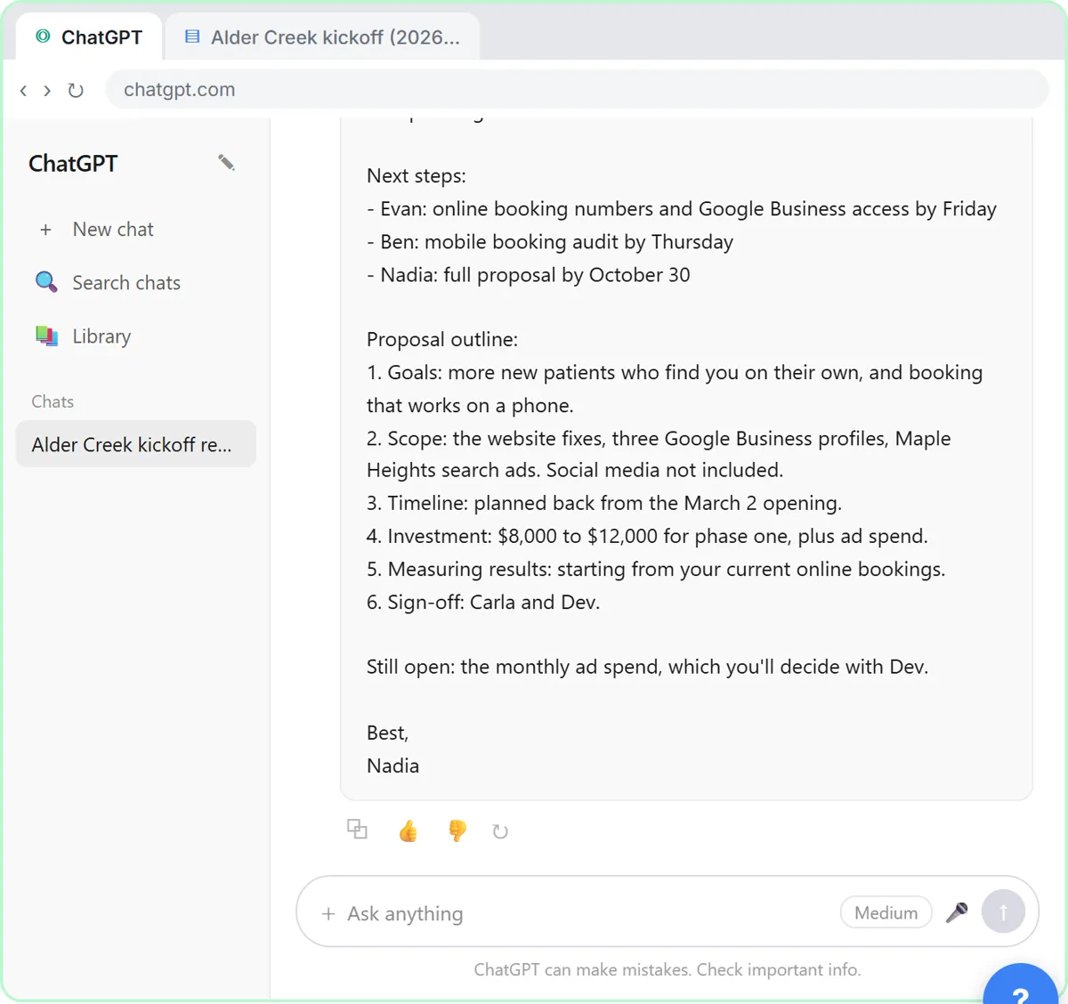 ChatGPT recap email to the client with next steps, a six-part proposal outline and the open question about ad spend