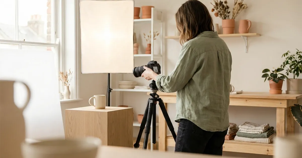 A small product photography setup in a bright studio, a ceramic mug on a simple plinth with a soft light panel and a camera on a tripod, a creator adjusting the camera.