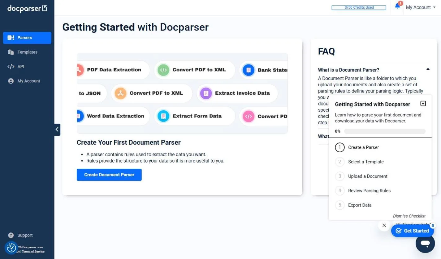 The Docparser Getting Started page on a free trial with 0 of 50 credits used and a Create Document Parser button