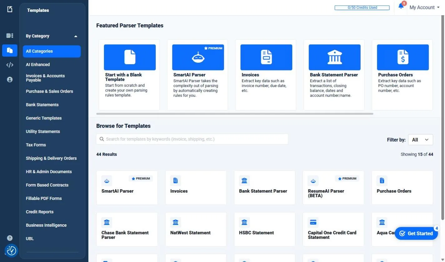 Docparser Featured Parser Templates: Start with a Blank Template, SmartAI Parser (Premium), Invoices, Bank Statement Parser and Purchase Orders