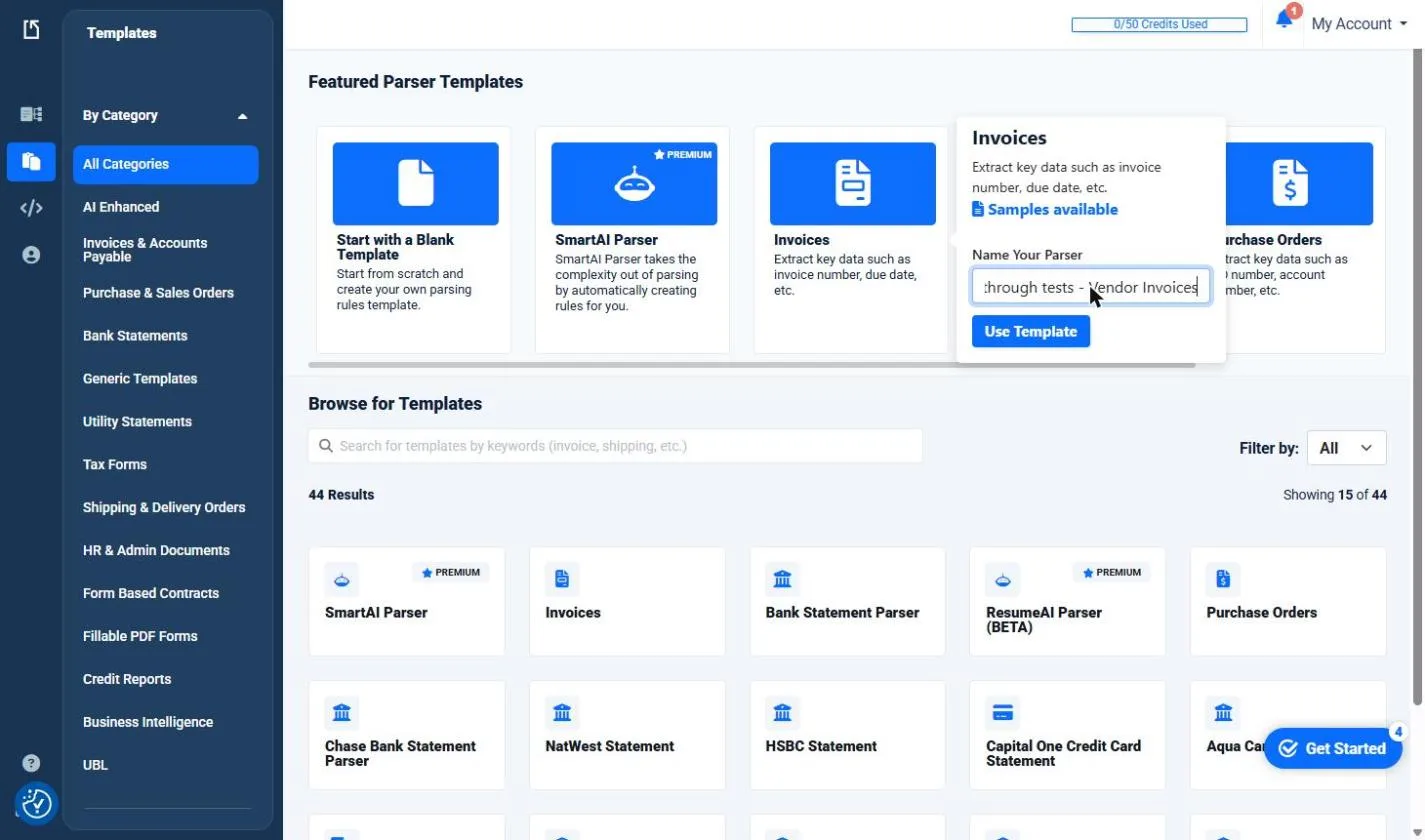 The Invoices template picked in Docparser, with the parser named Stepthrough tests - Vendor Invoices and a Use Template button