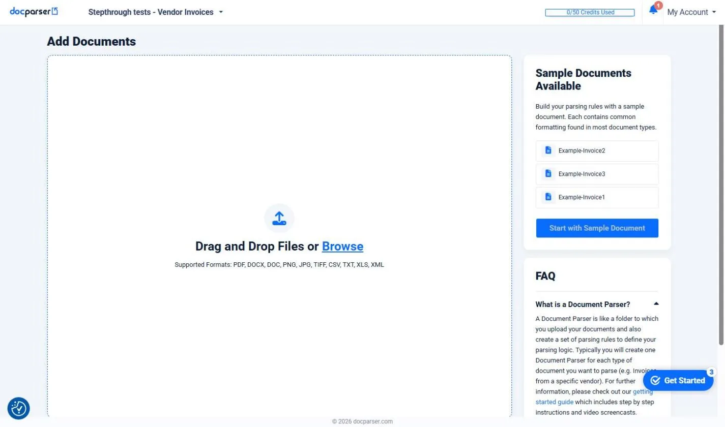 The Docparser Add Documents page with Drag and Drop Files or Browse, listing PDF, DOCX, DOC, PNG, JPG, TIFF, CSV, TXT, XLS and XML