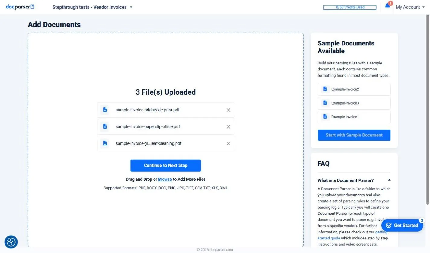 Three made-up vendor invoice PDFs uploaded to Docparser, a print shop, an office supply company and an office cleaner, with Continue to Next Step