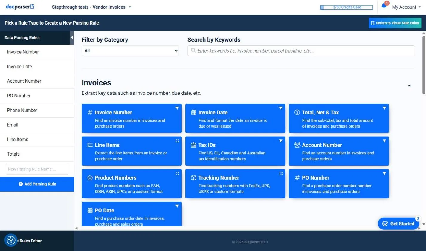 The parsing rules the Docparser Invoices template created: Invoice Number, Invoice Date, Account Number, PO Number, Phone Number, Email, Line Items and Totals, with 3 of 50 credits used