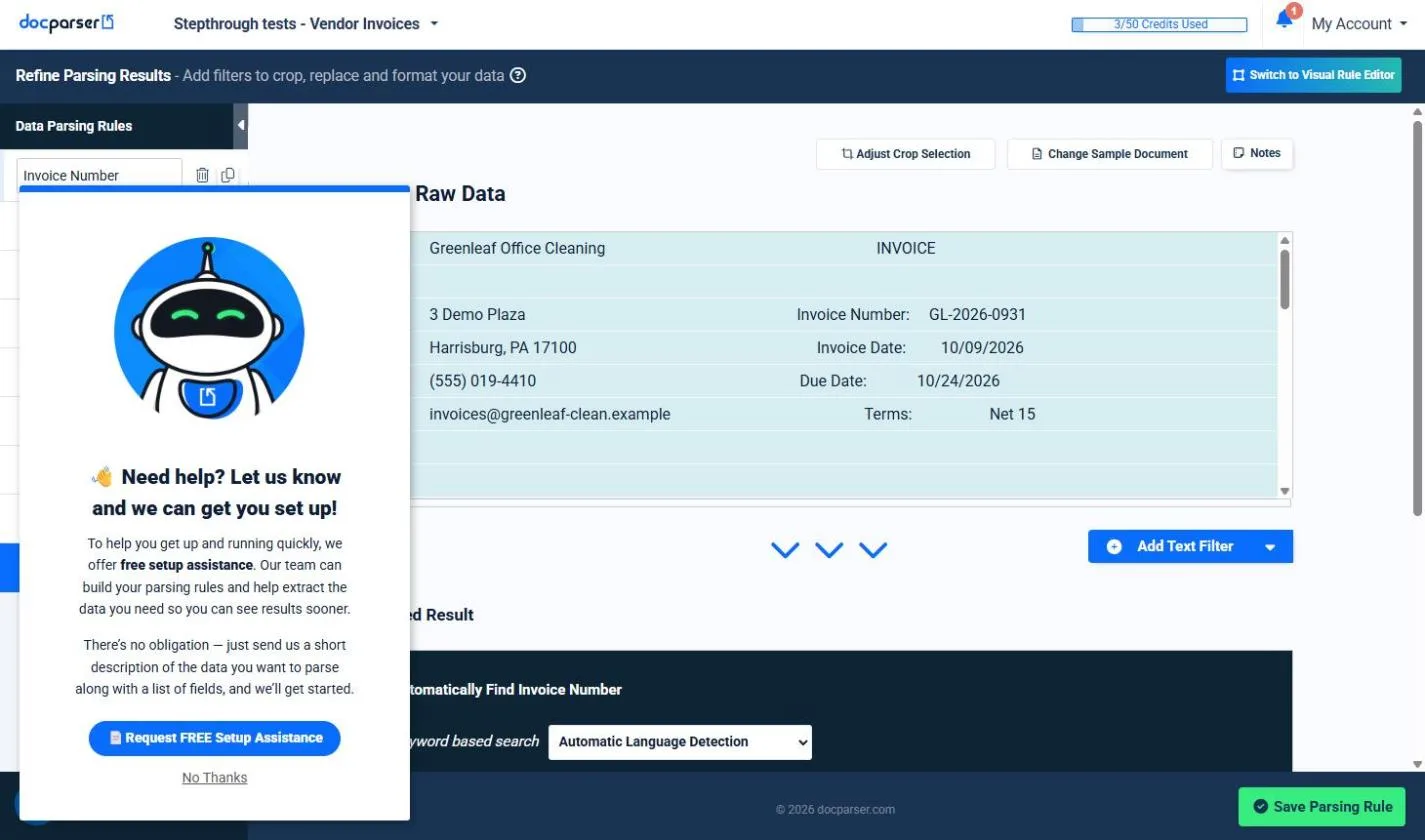 A Docparser popup offering free setup assistance, with Request FREE Setup Assistance and No Thanks