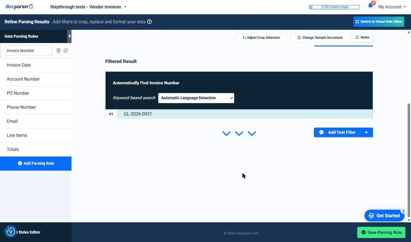 The Invoice Number rule in Docparser automatically finding GL-2026-0931 on a made-up cleaning company invoice