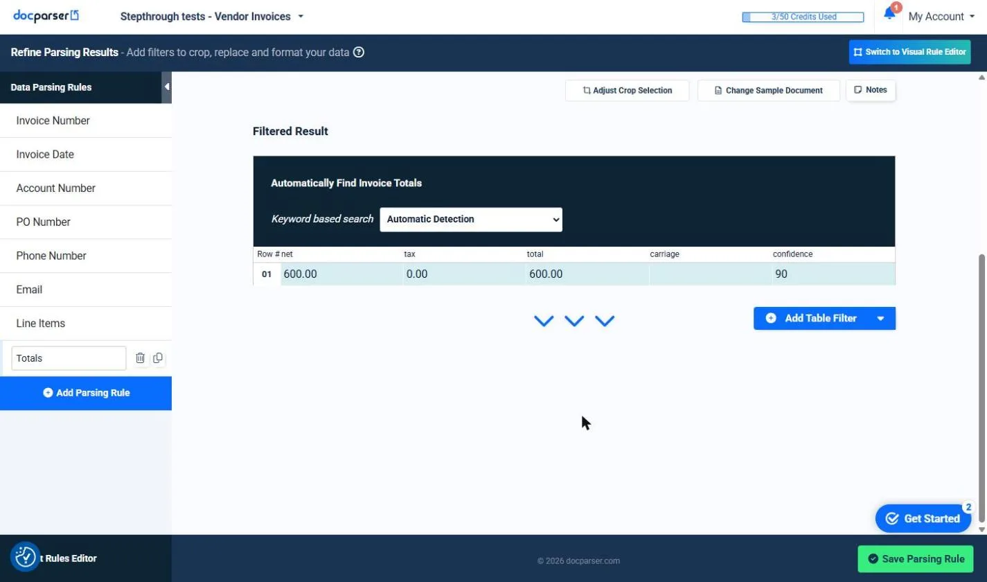 The Totals rule in Docparser returning net 600.00, tax 0.00, total 600.00 and a confidence of 90