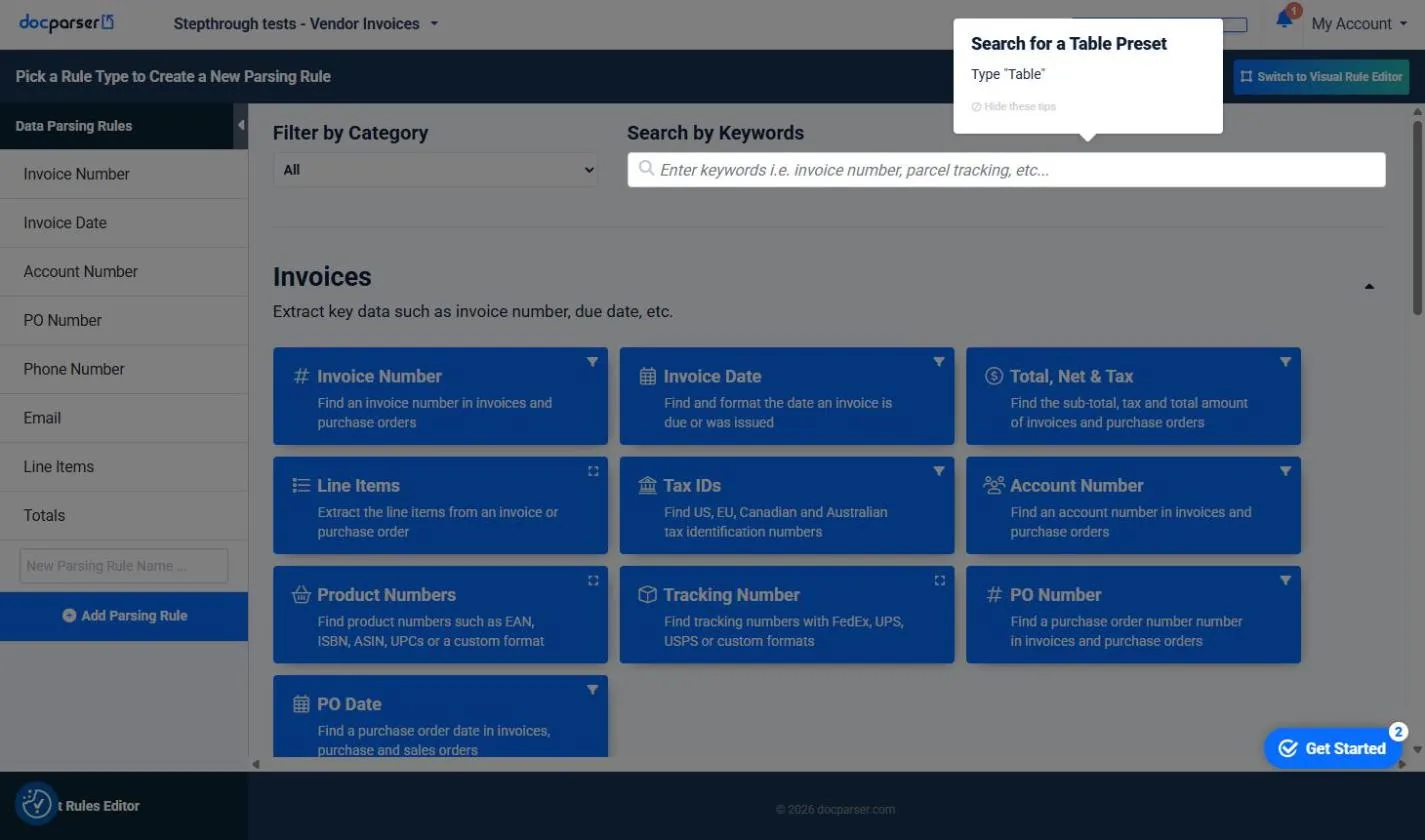 Docparser's Pick a Rule Type page after clicking Add Parsing Rule, with a Search by Keywords box and the Invoices rule types