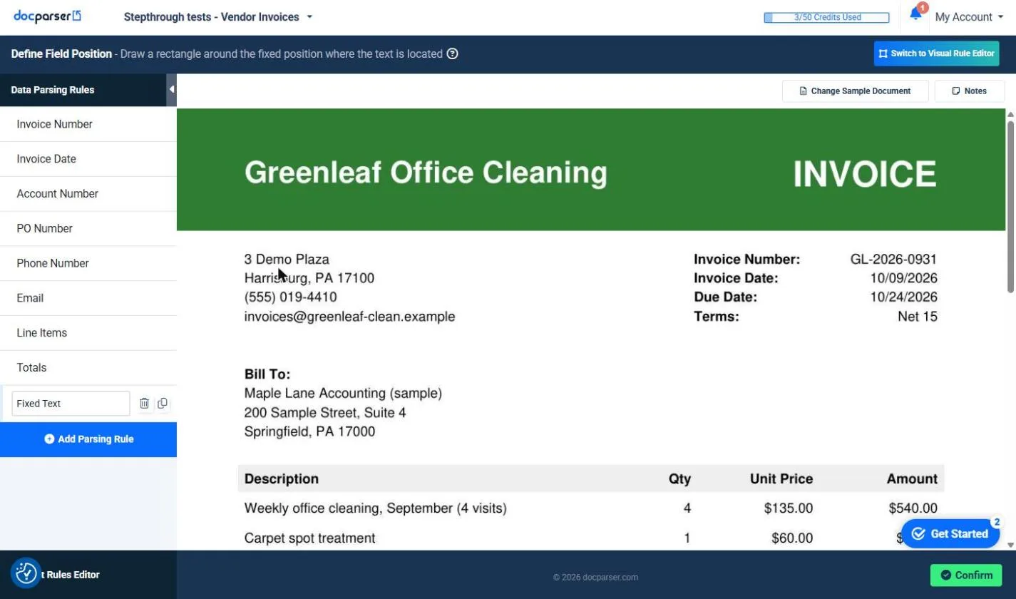 A new Text Fixed Position rule called Fixed Text, with the made-up Greenleaf Office Cleaning invoice shown to draw on