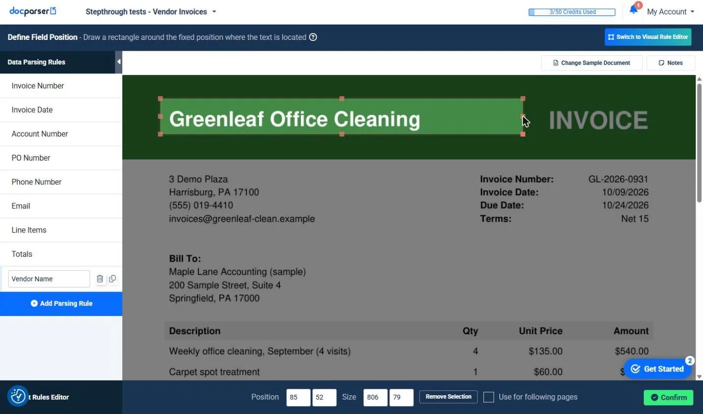 A box drawn around the vendor name at the top of the invoice, with the rule renamed Vendor Name and a Confirm button