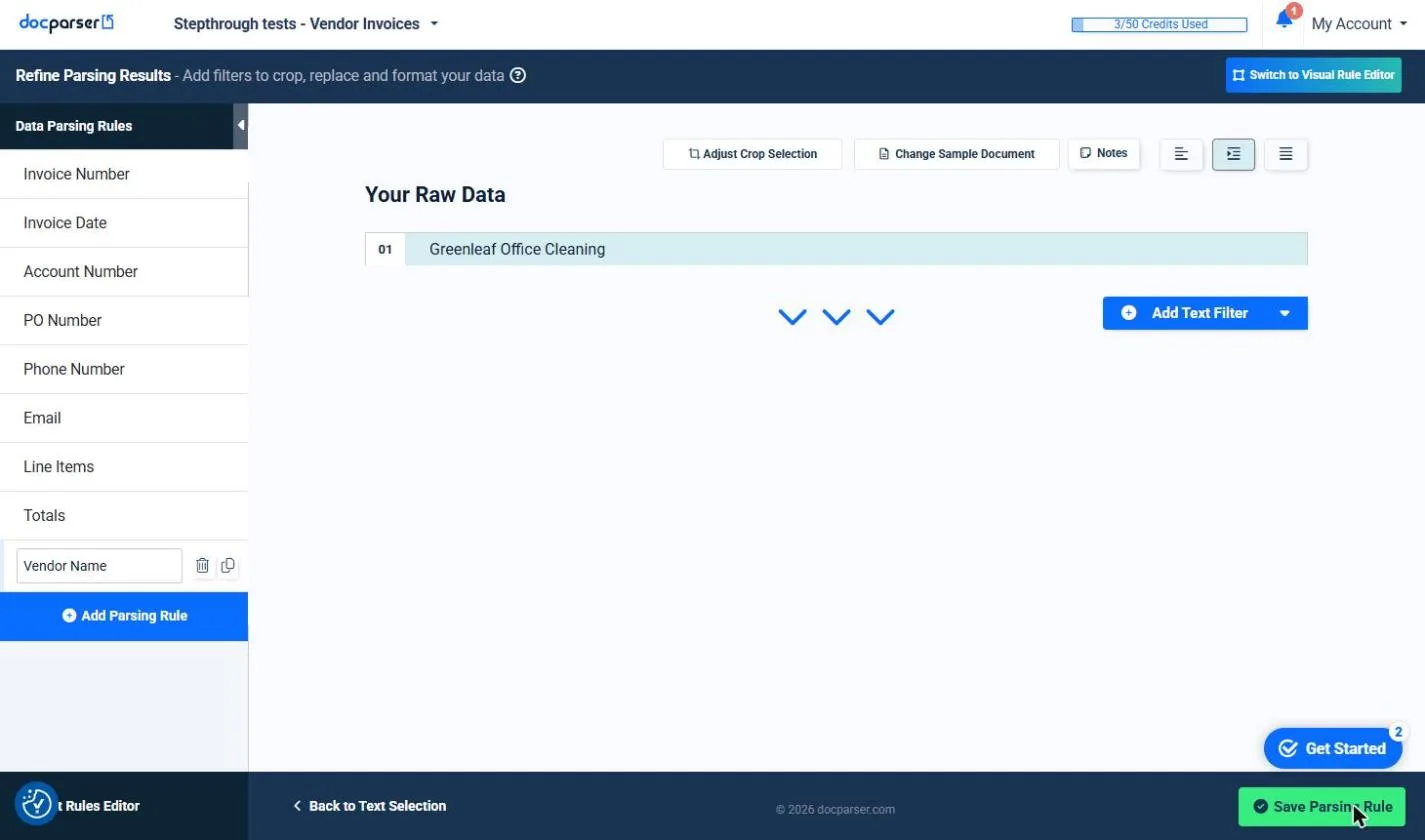 The Vendor Name rule returning Greenleaf Office Cleaning, with Save Parsing Rule