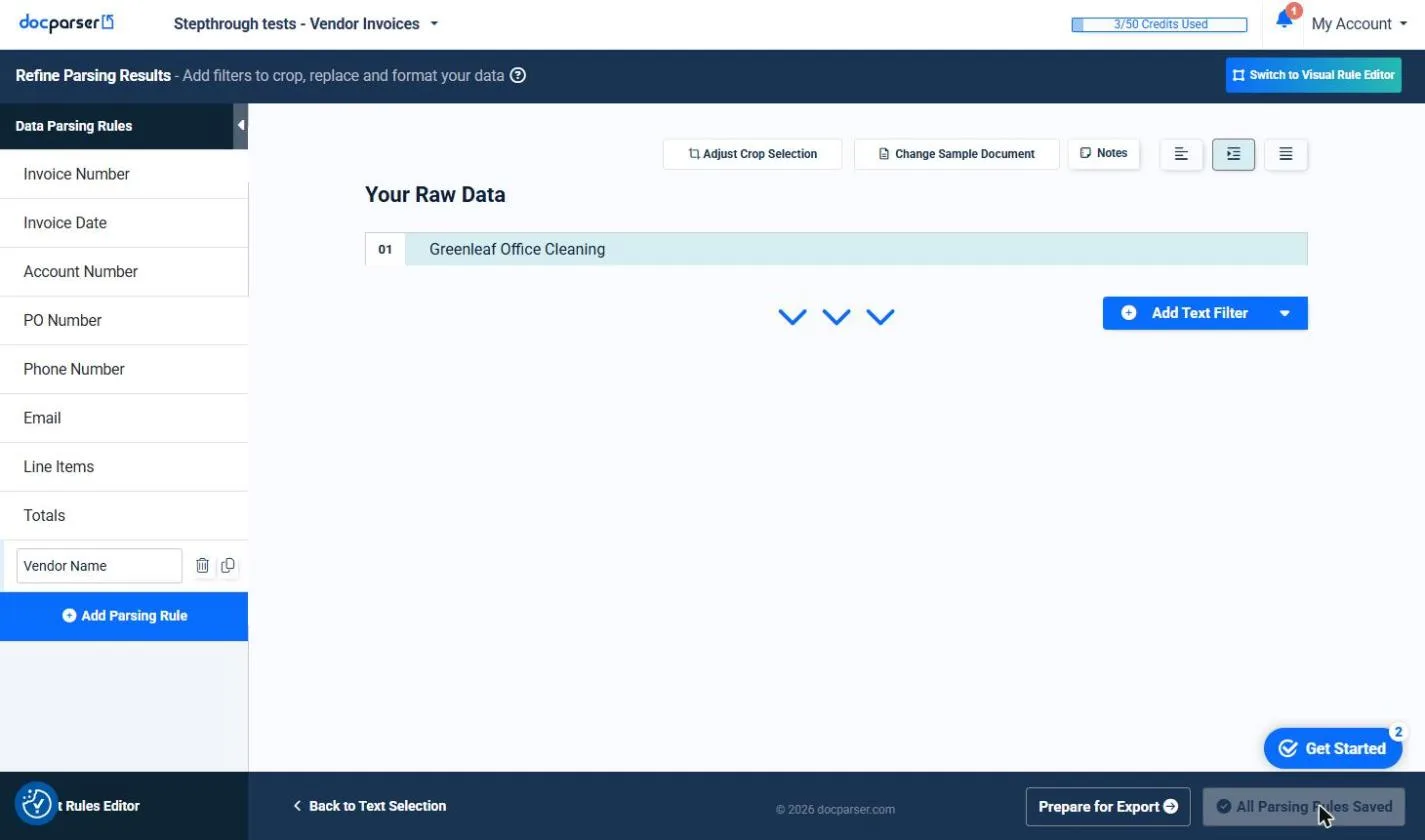 Docparser showing All Parsing Rules Saved and a Prepare for Export button