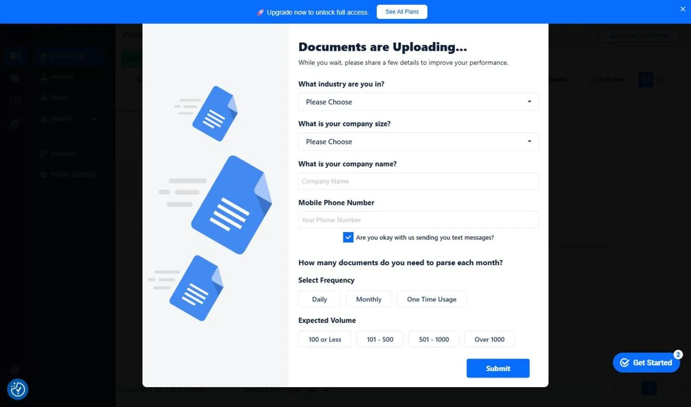A Docparser Documents are Uploading window asking for industry, company size, company name, a mobile number and expected volume