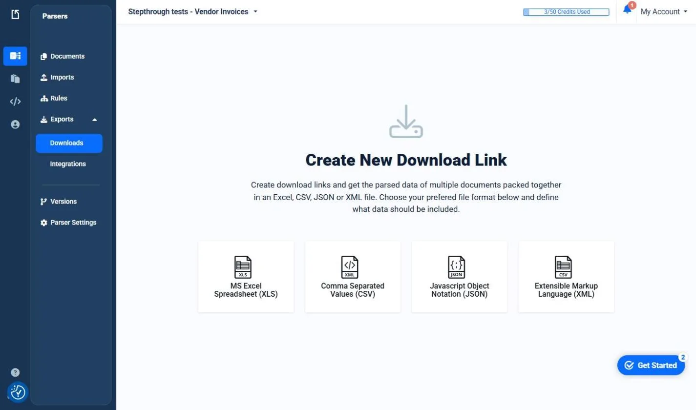 Docparser Exports, Downloads: Create New Download Link with Excel, CSV, JSON and XML options