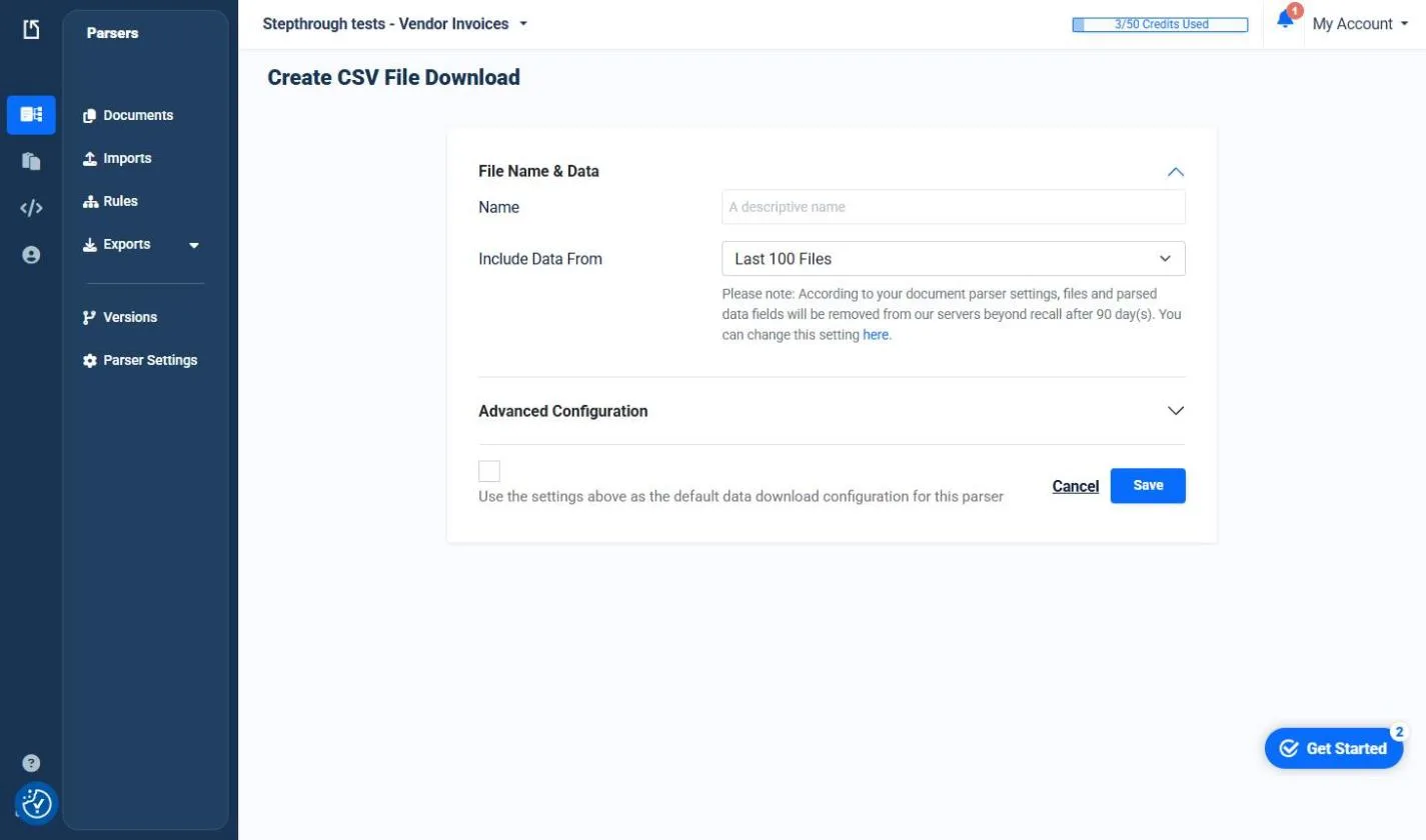 The Create CSV File Download form in Docparser with a Name box and Include Data From set to Last 100 Files