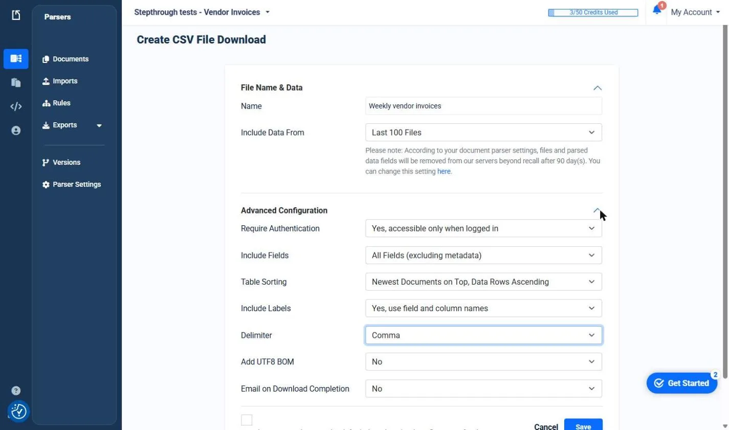 Docparser CSV download settings named Weekly vendor invoices, with the Delimiter changed to Comma