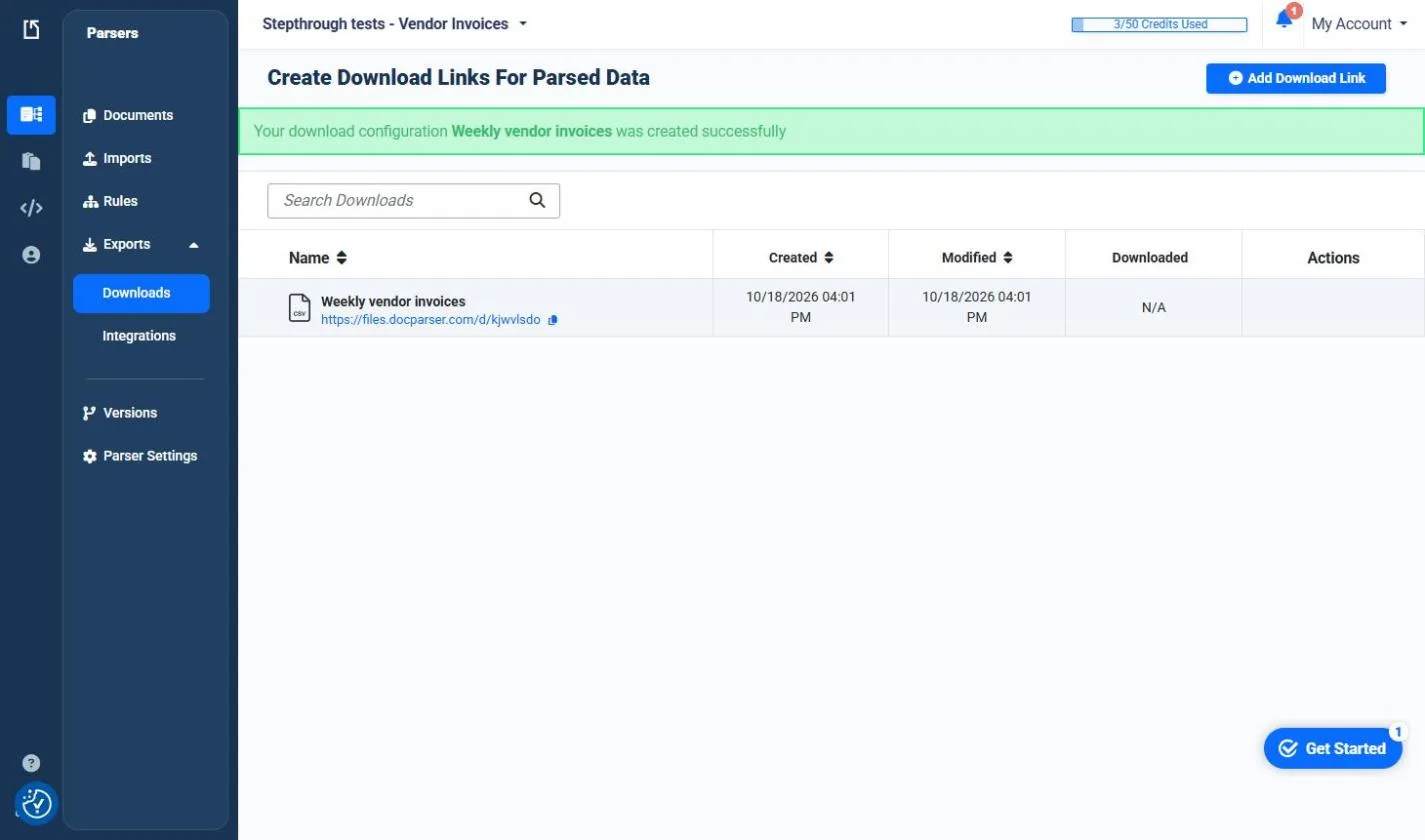 Docparser confirming the download configuration Weekly vendor invoices was created, with a files.docparser.com download link