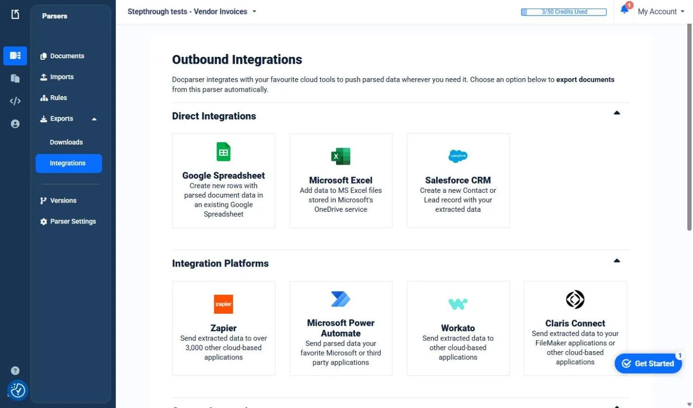 Docparser Outbound Integrations: Google Spreadsheet, Microsoft Excel, Salesforce CRM, Zapier, Microsoft Power Automate, Workato and Claris Connect