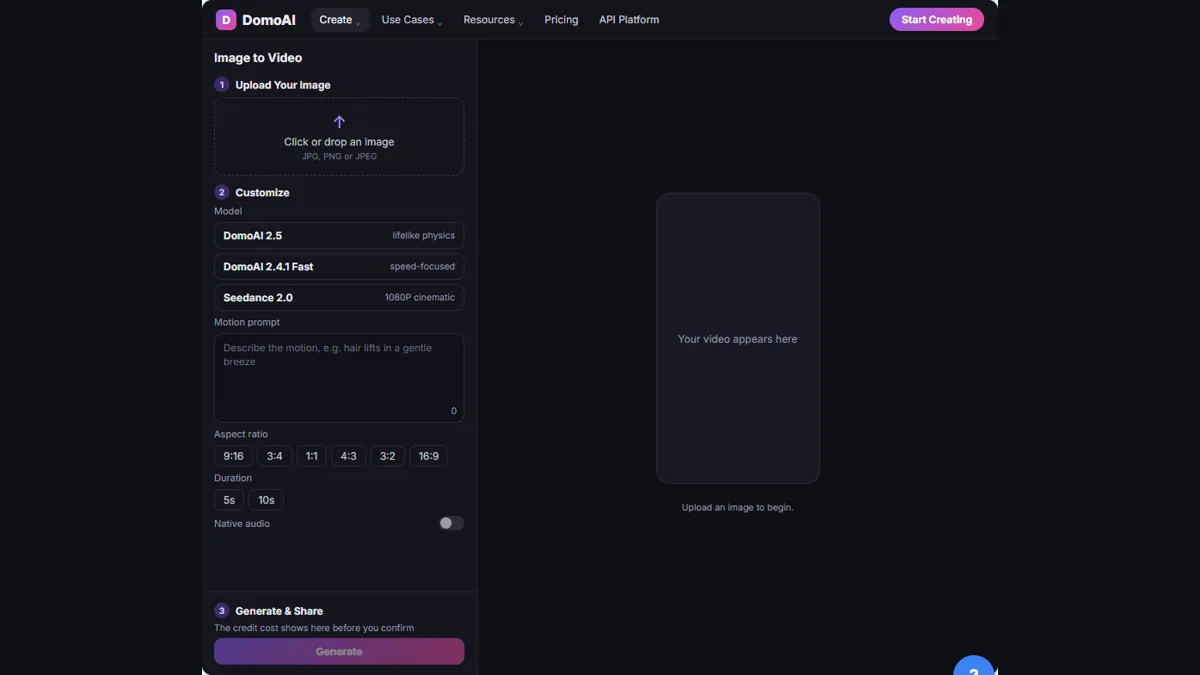 Practice copy of the DomoAI Create menu with Generate Video, Edit & Enhance and Popular Templates, and Image to Video highlighted