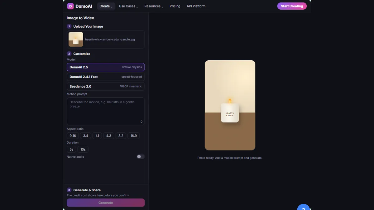 The DomoAI Image to Video tool with a candle product photo uploaded and the DomoAI 2.5 model selected under Customize