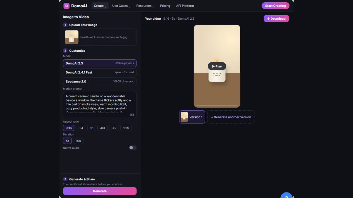 The first generated version of the candle video in a 9:16 preview with a Play button and a Generate another version button
