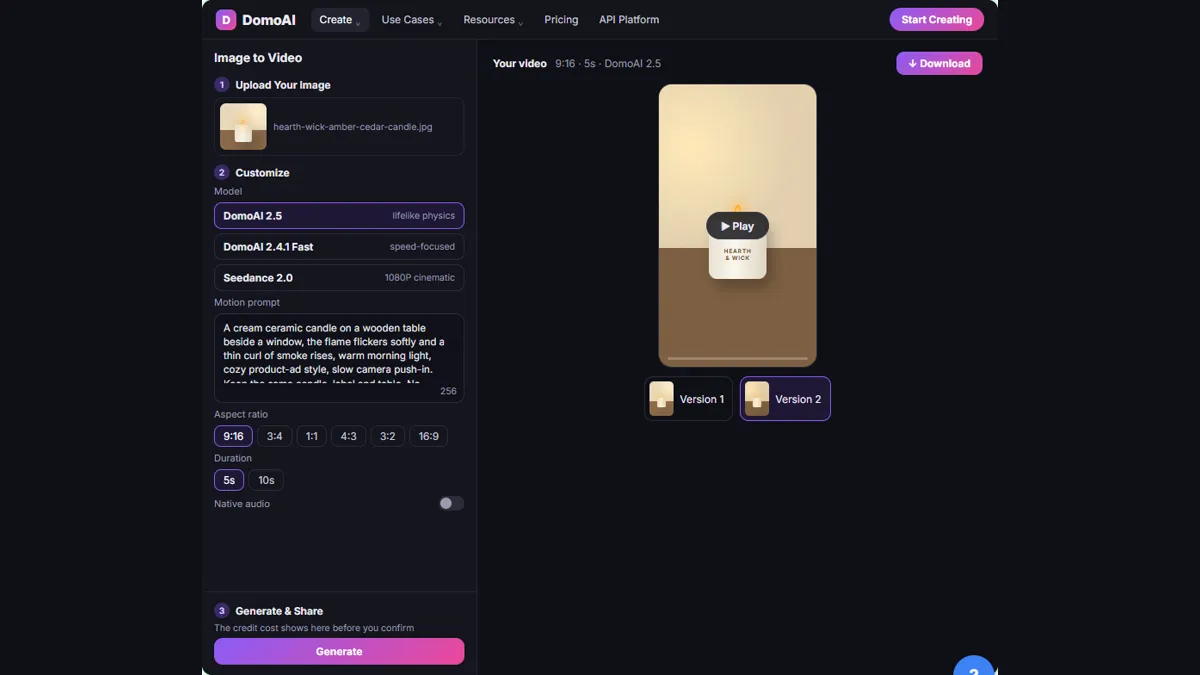 Version 1 and Version 2 of the candle video side by side under the preview, ready to compare
