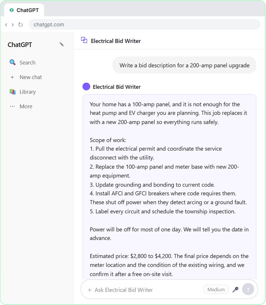 ChatGPT for Electricians: Build an Electrical Bid Writer: a step from the interactive module