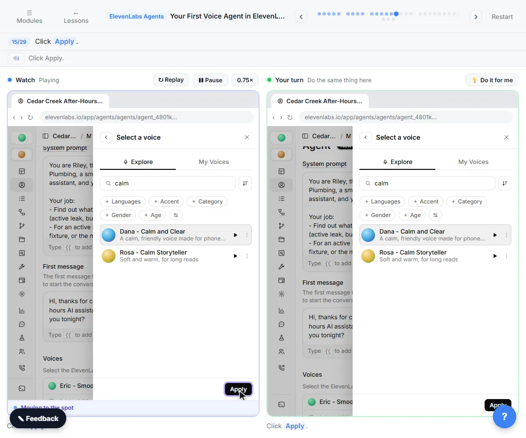 ElevenLabs Select a voice panel filtered to calm voices, with a calm and clear voice about to be applied