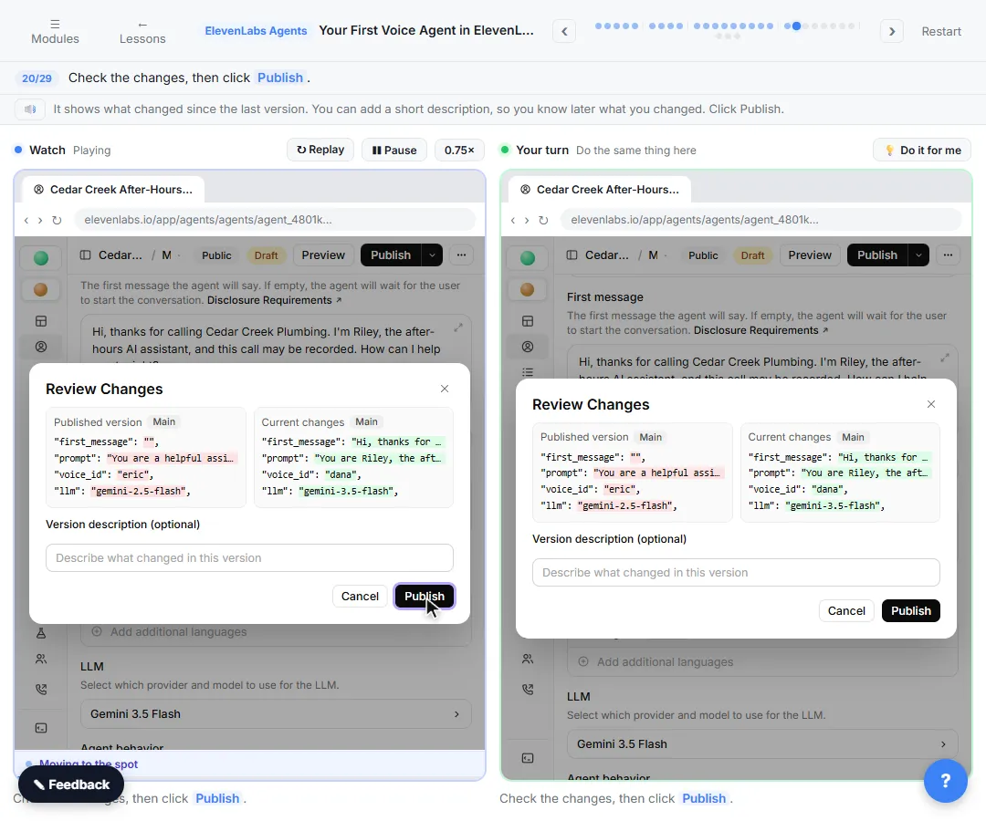 ElevenLabs Review Changes dialog comparing the published and current agent settings before publishing