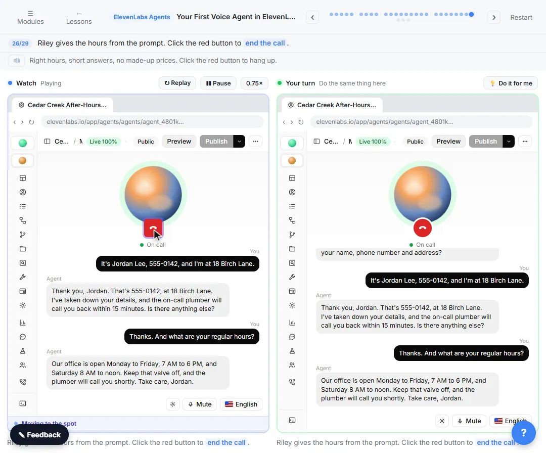 ElevenLabs agent browser test call where the AI receptionist takes the caller's details and gives office hours