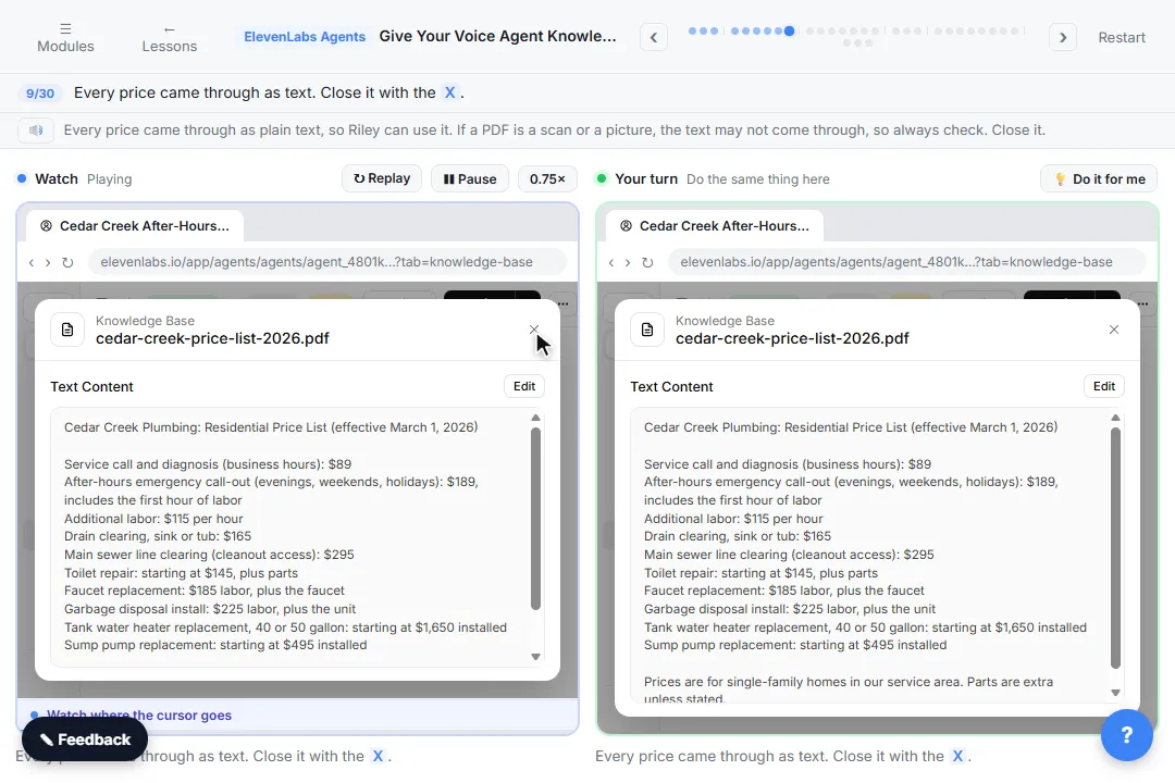 ElevenLabs knowledge base document showing the price list PDF extracted as plain text prices