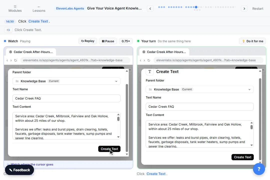 ElevenLabs Create Text dialog adding a company FAQ with service areas and services to the knowledge base