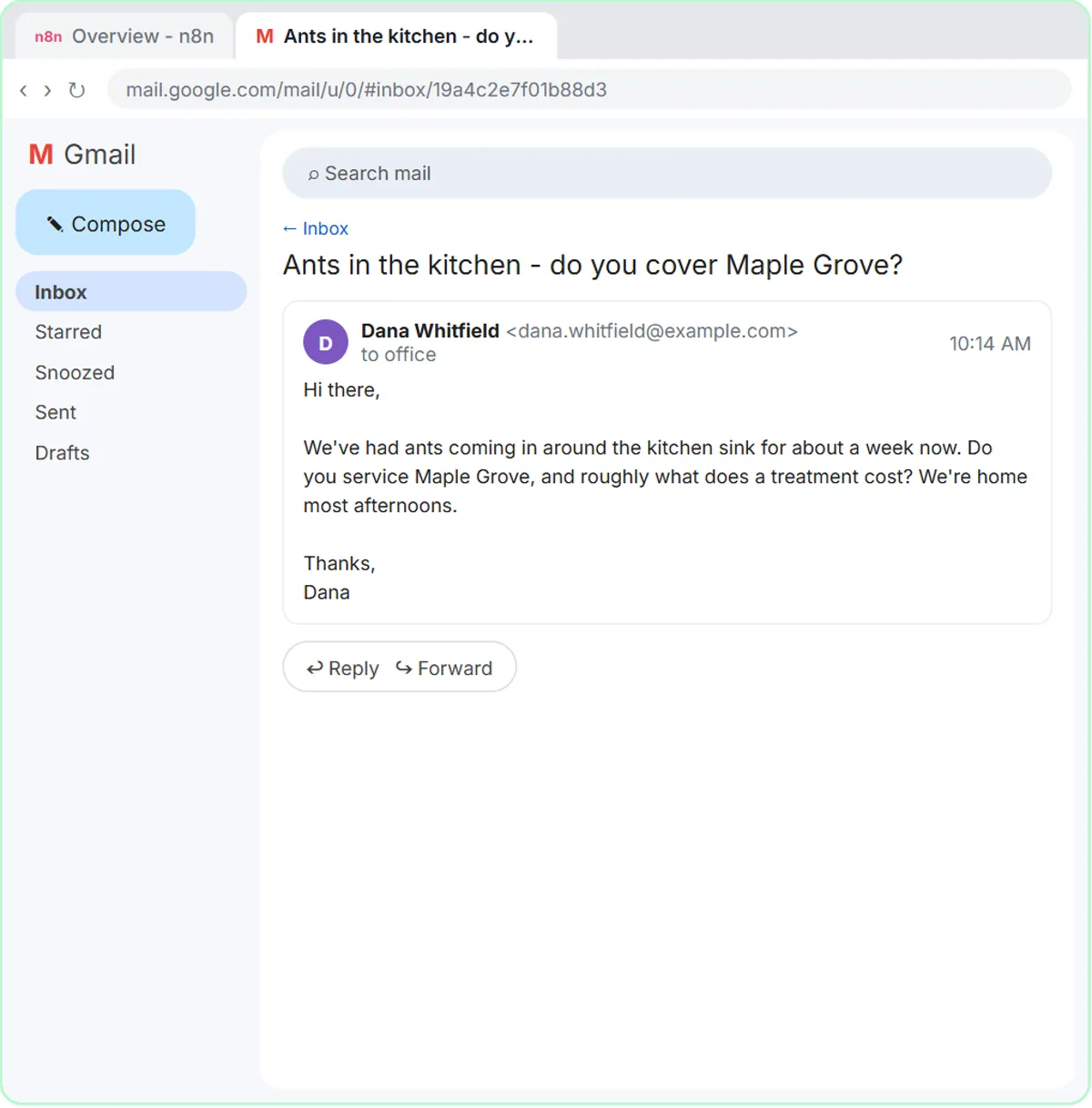 Customer email to Greenline Pest Control asking if they cover Maple Grove for ants in the kitchen