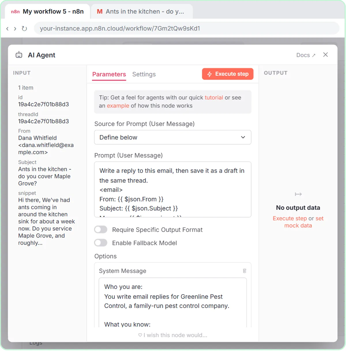 AI Agent system message giving Greenline Pest Control's service areas, prices and reply rules