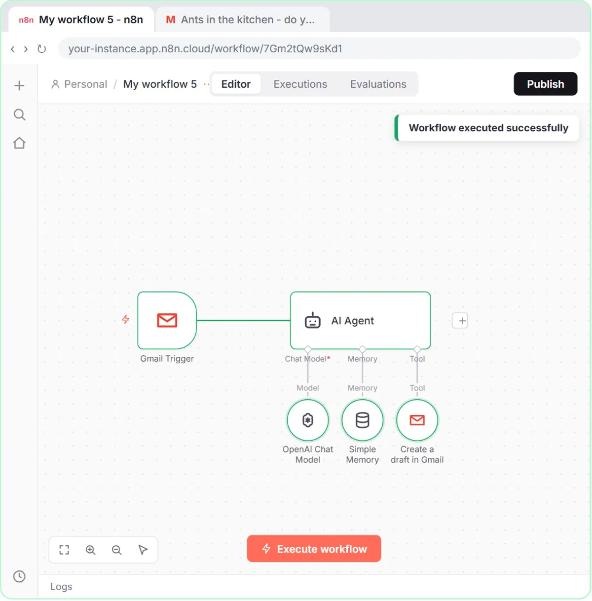 n8n workflow run successfully: Gmail trigger, AI Agent, OpenAI model, memory and a Gmail draft tool