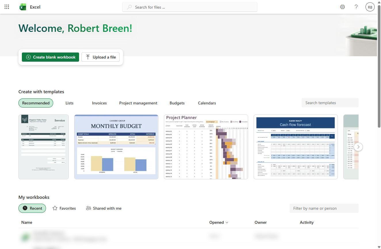 Excel for the web start page with Create blank workbook and templates