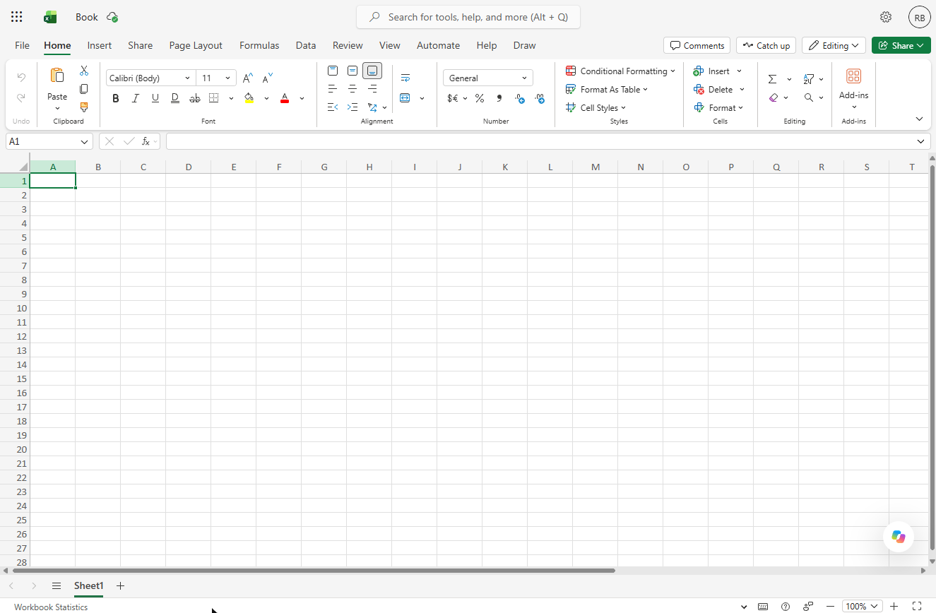 A new blank workbook in Excel for the web named Book